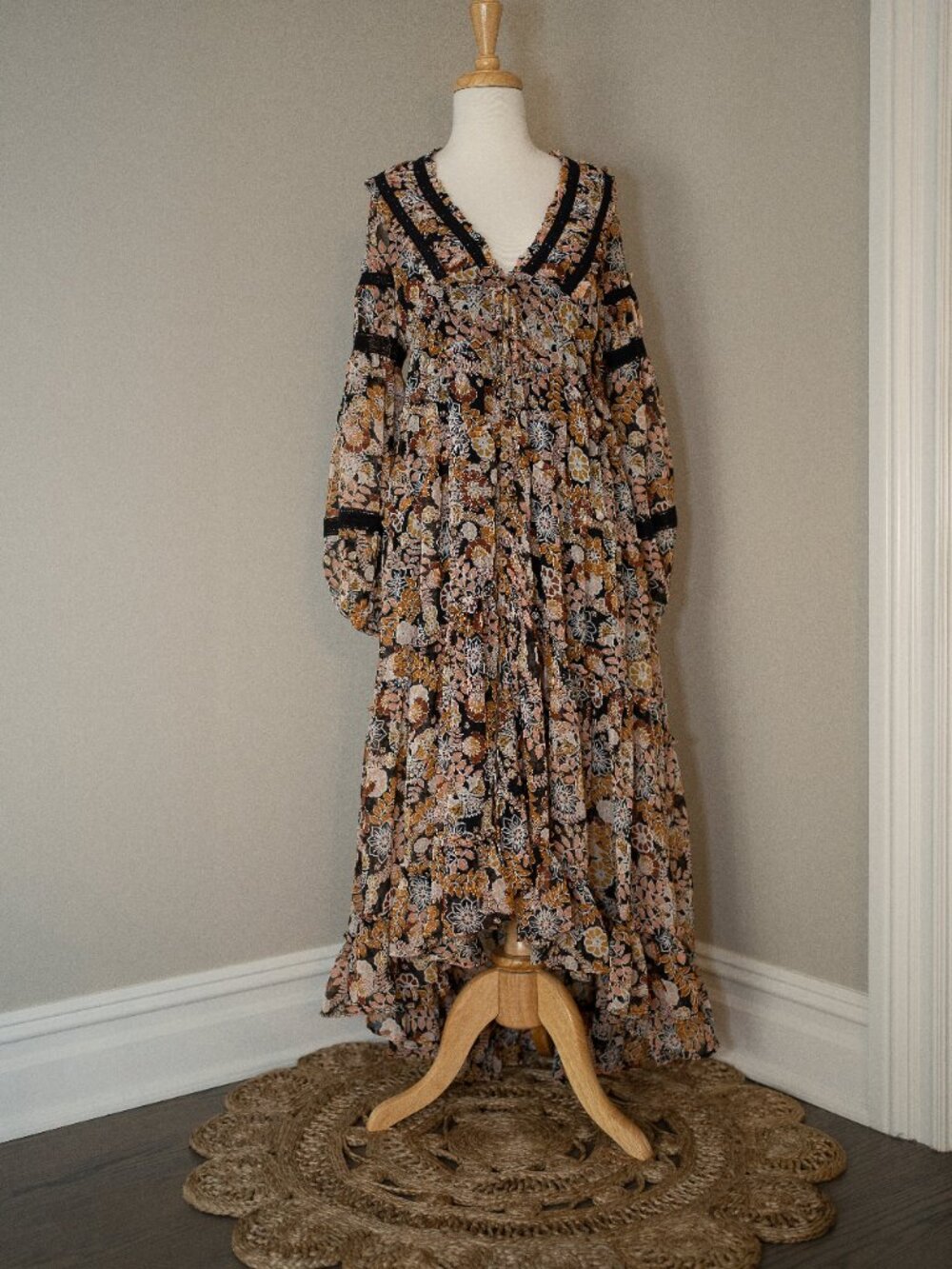 Free People Floral Cassis Midi Dress in Black, Pink, Mustard size  xs